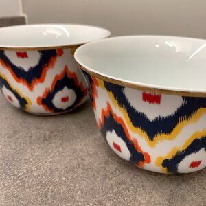 TWO C. Wonder Ikat Ceramic Bowls Navy Blue Red Yellow MCM Bowl Set Anthropologie